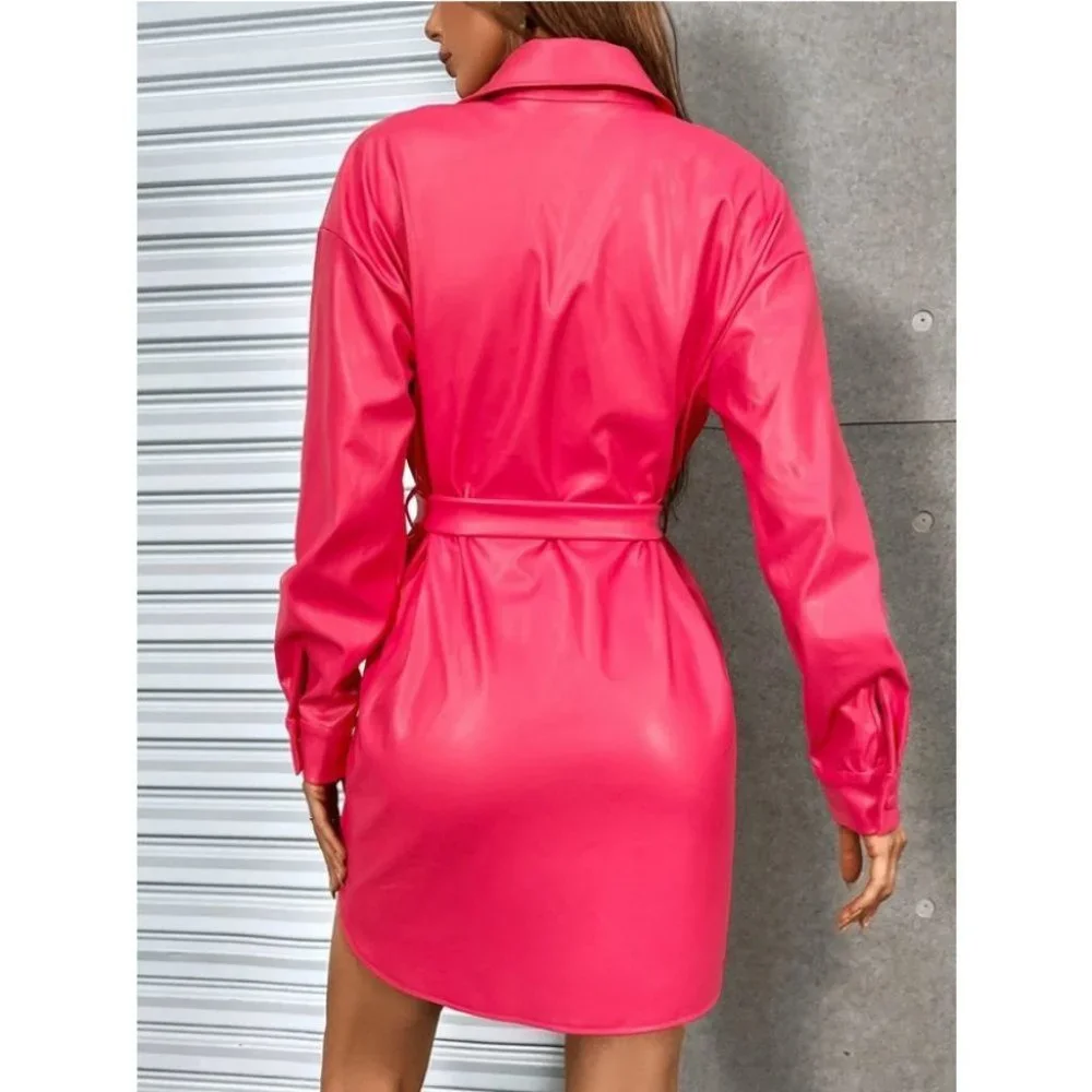 Faux leather belted button down long sleeve Mini Dress Hot pink - Picture 7 of 7